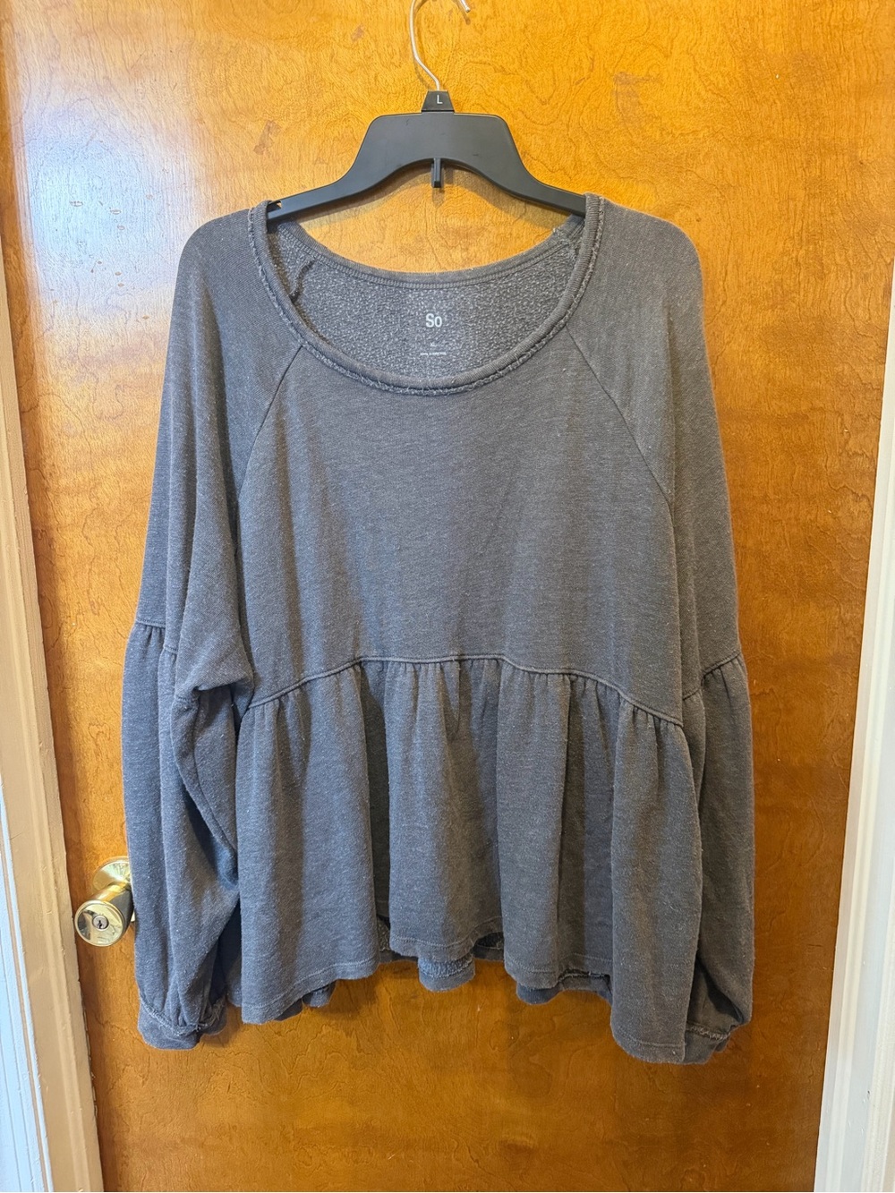So Women’s XL Gray Solid Knit Cotton Scoop Neck Raglan Peplum Top Pullover